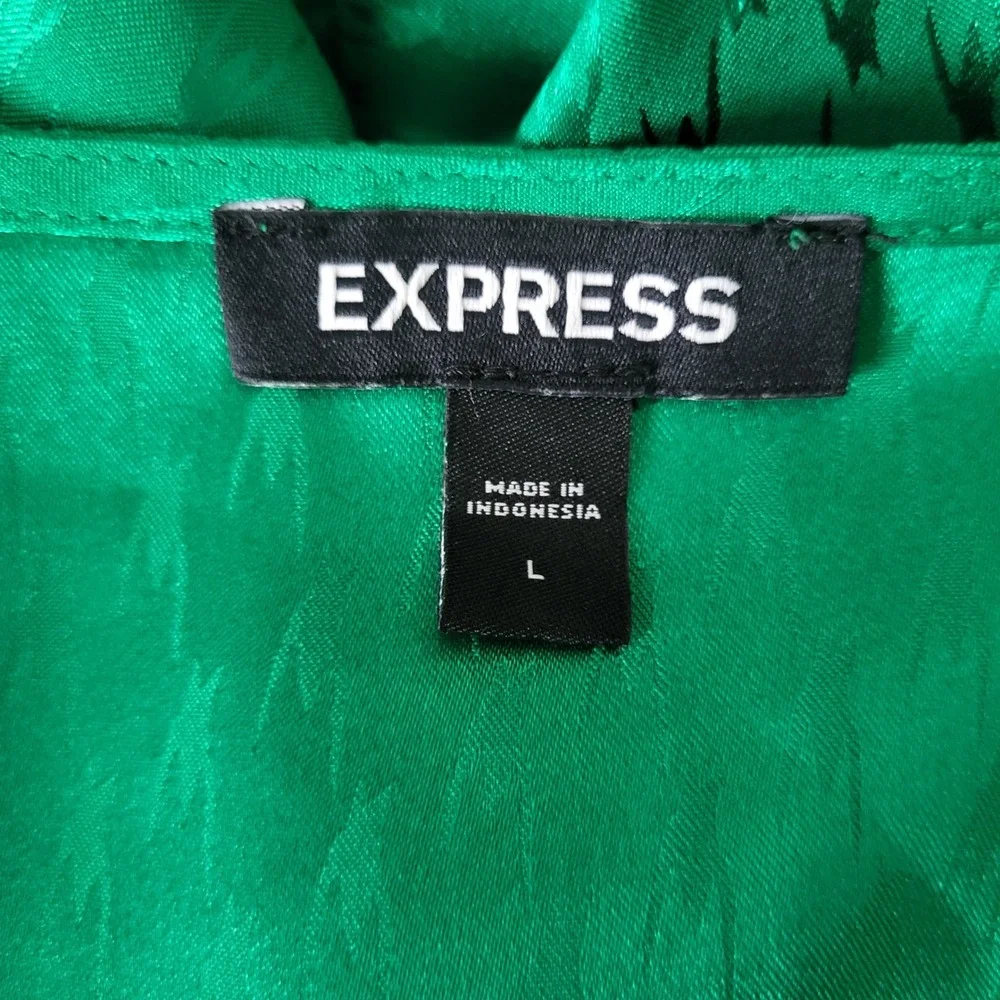 Express Emerald Satin Jacquard Faux Wrap Mini Dress L Belted Long Sleeve Patrick